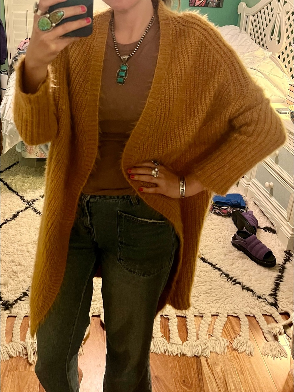 QED London Golden Mustard Open-Front Knit Cardigan